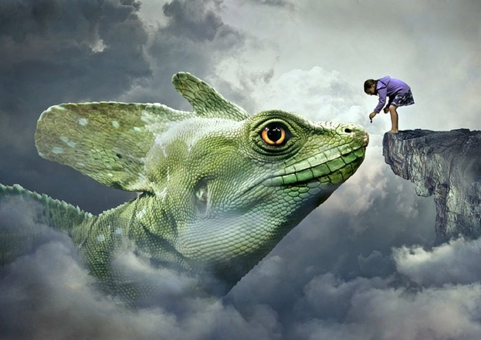 Fantasy Dragons Lizard Feed Child Girl Feeding